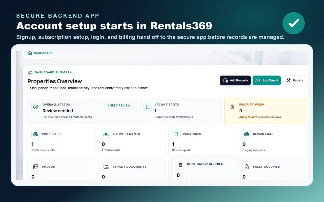 Sanitized Rentals369 account setup screen for creating a rental workspace.