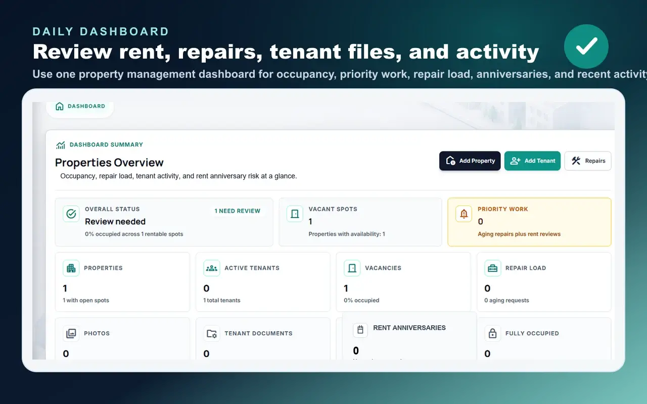 Sanitized Rentals369 dashboard showing rent, repair, file, and activity follow-up.