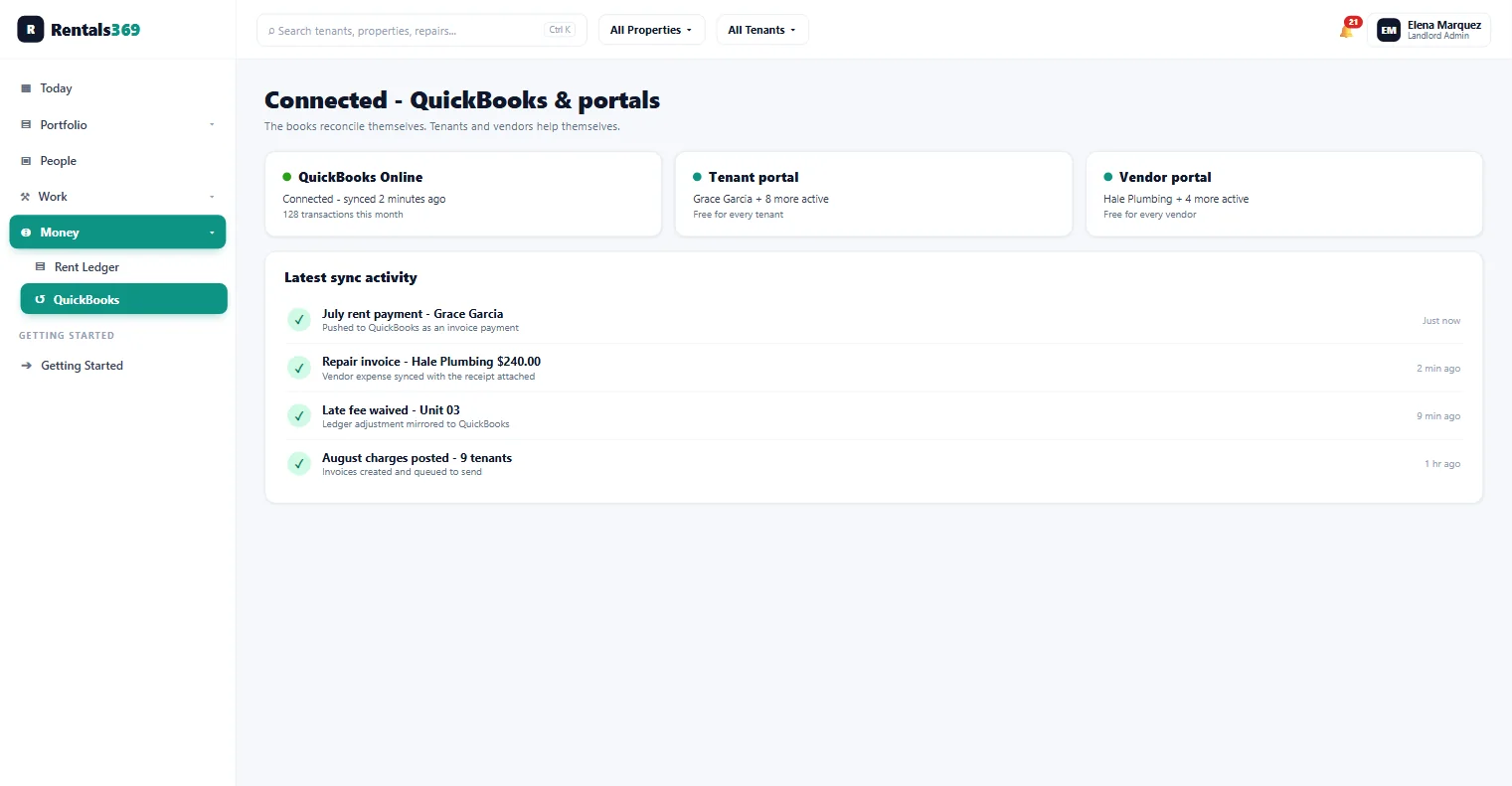 Rentals369 connections screen showing QuickBooks Online synced with 128 transactions this month, active free tenant and vendor portals, and a sync activity feed of payments, vendor invoices, and posted charges