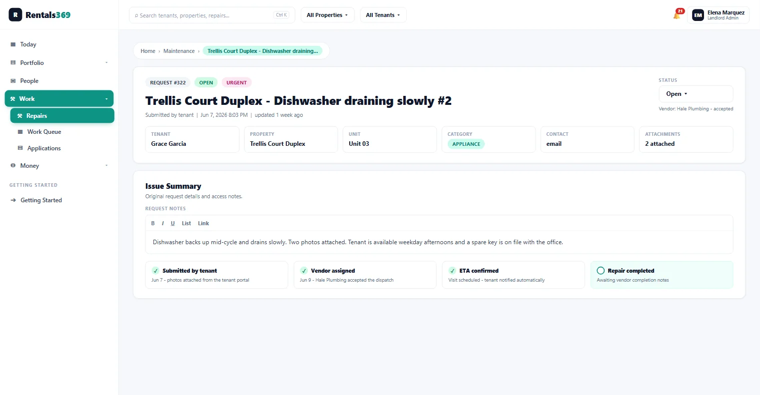 Rentals369 maintenance request #322 with open and urgent status chips, tenant, property, unit, category, contact, and attachment tiles, the tenant's issue summary, and a four-step vendor timeline from submitted to repair completed