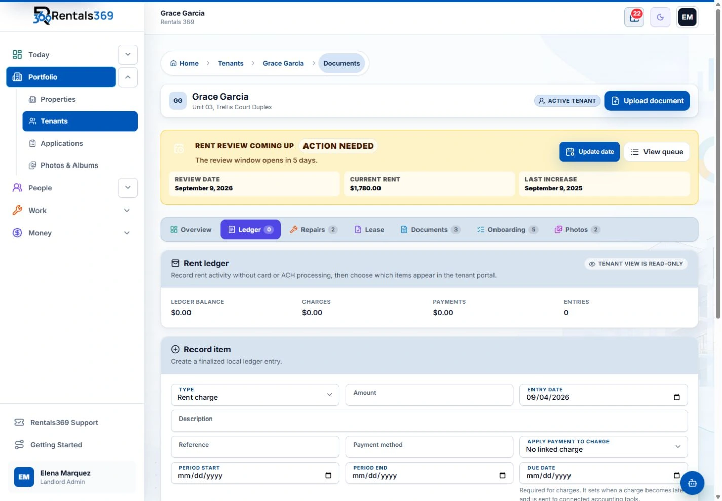 Rentals369 rent ledger for a tenant, with balance, charges, payments, and a form to record an item